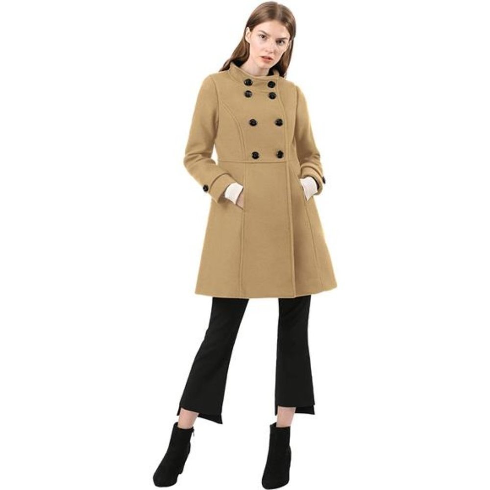 Women's Double Breasted Slant Pockets Trendy Coat Khaki